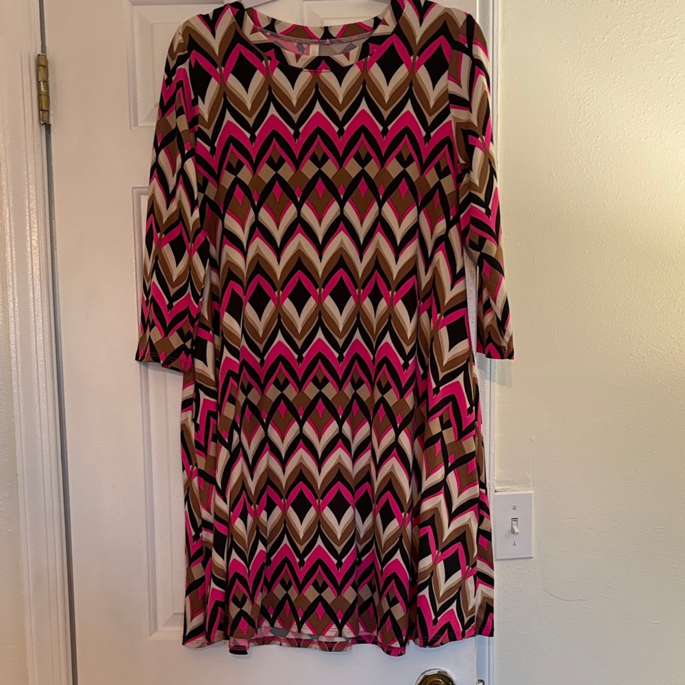 Celeste Vibrant Pink and Brown Long Sleeve Dress large
